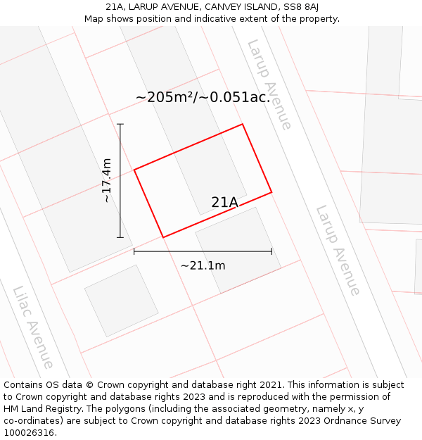 21A, LARUP AVENUE, CANVEY ISLAND, SS8 8AJ: Plot and title map