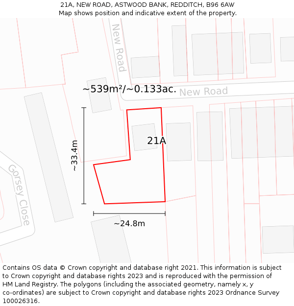 21A, NEW ROAD, ASTWOOD BANK, REDDITCH, B96 6AW: Plot and title map