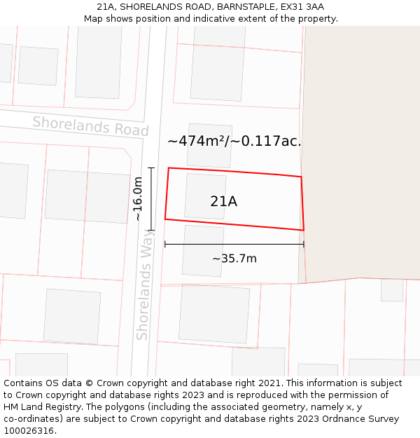 21A, SHORELANDS ROAD, BARNSTAPLE, EX31 3AA: Plot and title map