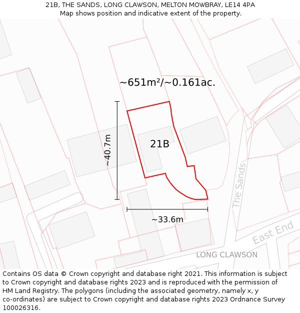 21B, THE SANDS, LONG CLAWSON, MELTON MOWBRAY, LE14 4PA: Plot and title map