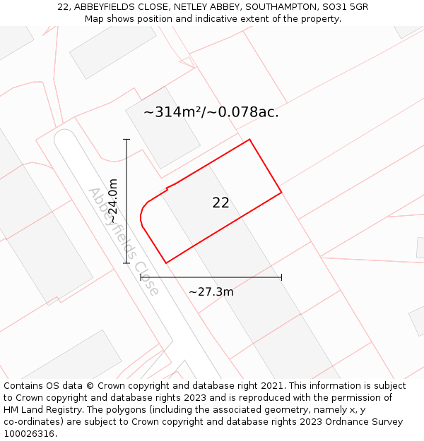 22, ABBEYFIELDS CLOSE, NETLEY ABBEY, SOUTHAMPTON, SO31 5GR: Plot and title map