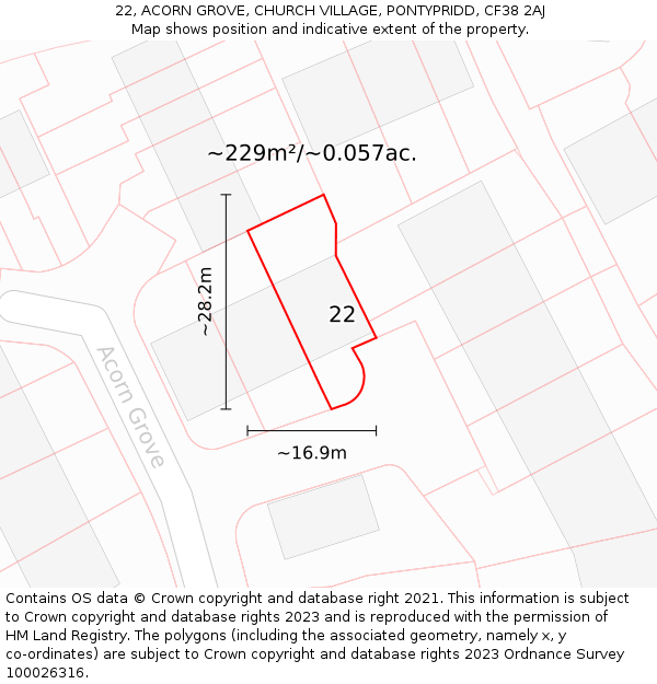 22, ACORN GROVE, CHURCH VILLAGE, PONTYPRIDD, CF38 2AJ: Plot and title map