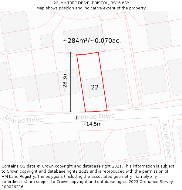 22, AINTREE DRIVE, BRISTOL, BS16 6SY: Plot and title map