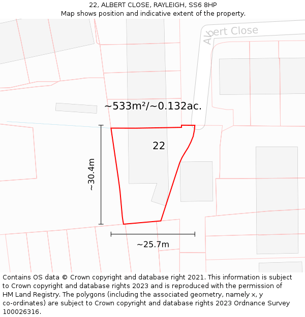 22, ALBERT CLOSE, RAYLEIGH, SS6 8HP: Plot and title map