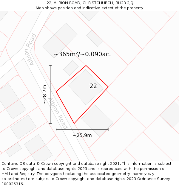 22, ALBION ROAD, CHRISTCHURCH, BH23 2JQ: Plot and title map