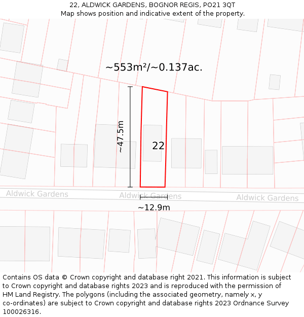 22, ALDWICK GARDENS, BOGNOR REGIS, PO21 3QT: Plot and title map