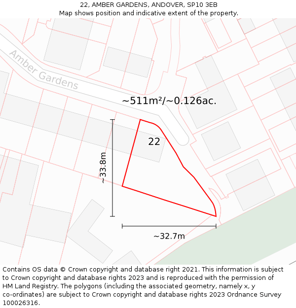 22, AMBER GARDENS, ANDOVER, SP10 3EB: Plot and title map