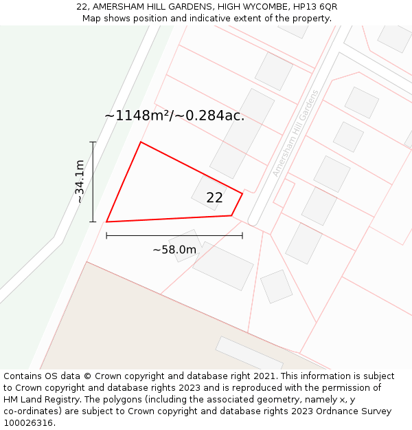 22, AMERSHAM HILL GARDENS, HIGH WYCOMBE, HP13 6QR: Plot and title map