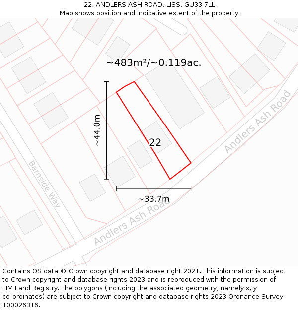 22, ANDLERS ASH ROAD, LISS, GU33 7LL: Plot and title map