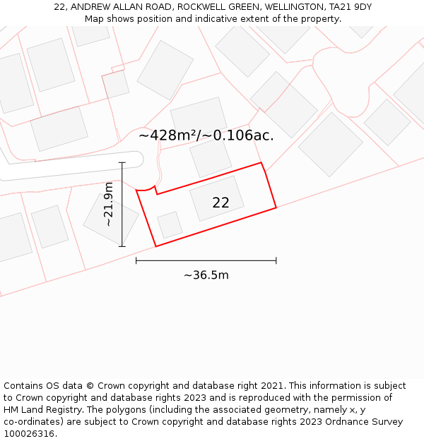 22, ANDREW ALLAN ROAD, ROCKWELL GREEN, WELLINGTON, TA21 9DY: Plot and title map