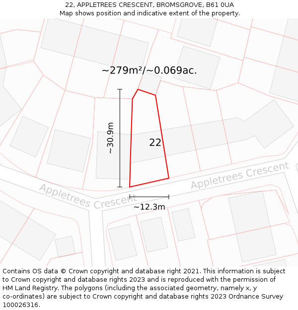 22, APPLETREES CRESCENT, BROMSGROVE, B61 0UA: Plot and title map