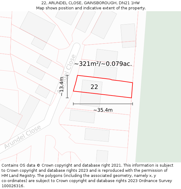 22, ARUNDEL CLOSE, GAINSBOROUGH, DN21 1HW: Plot and title map