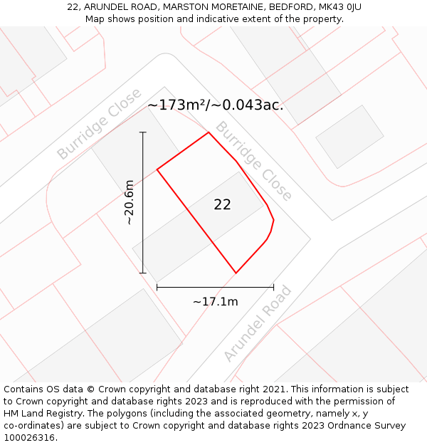 22, ARUNDEL ROAD, MARSTON MORETAINE, BEDFORD, MK43 0JU: Plot and title map