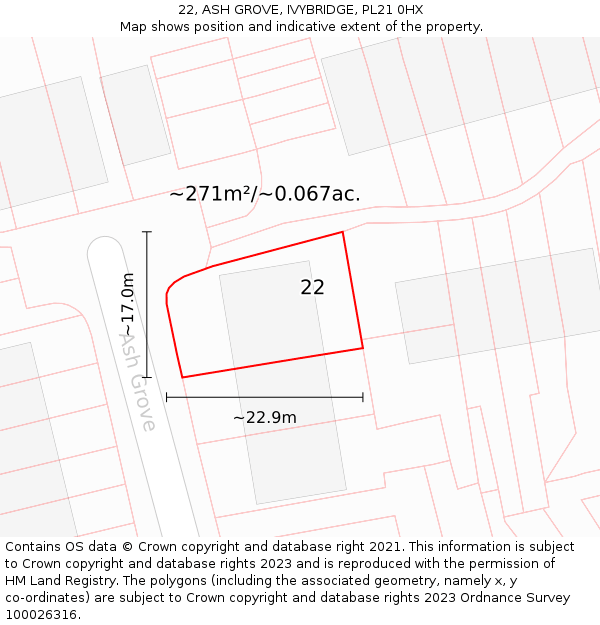22, ASH GROVE, IVYBRIDGE, PL21 0HX: Plot and title map