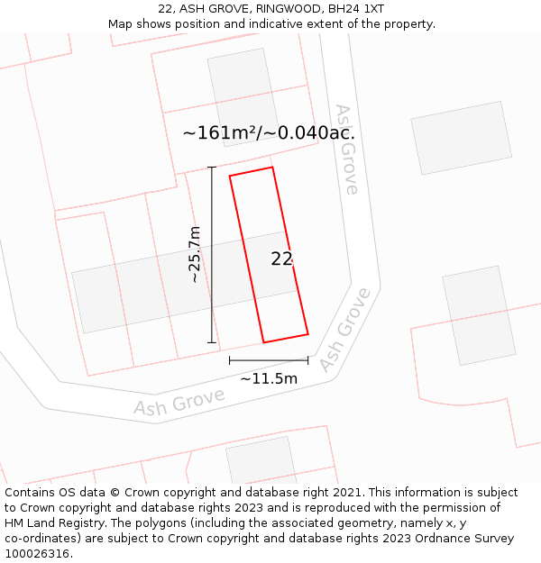 22, ASH GROVE, RINGWOOD, BH24 1XT: Plot and title map