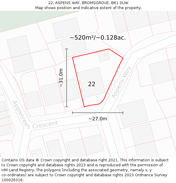 22, ASPENS WAY, BROMSGROVE, B61 0UW: Plot and title map