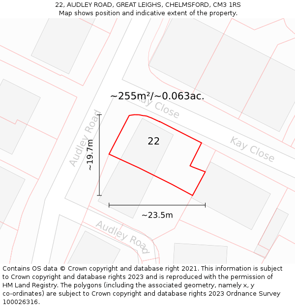 22, AUDLEY ROAD, GREAT LEIGHS, CHELMSFORD, CM3 1RS: Plot and title map