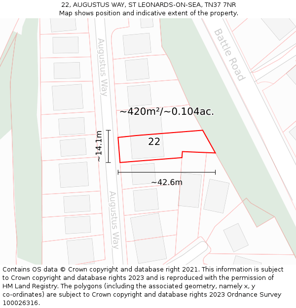 22, AUGUSTUS WAY, ST LEONARDS-ON-SEA, TN37 7NR: Plot and title map