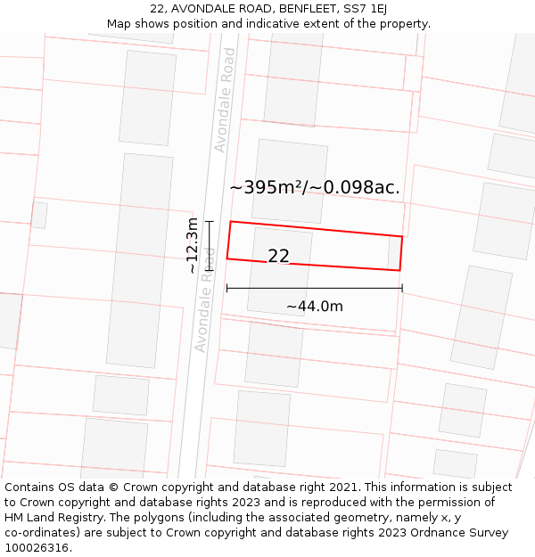 22, AVONDALE ROAD, BENFLEET, SS7 1EJ: Plot and title map