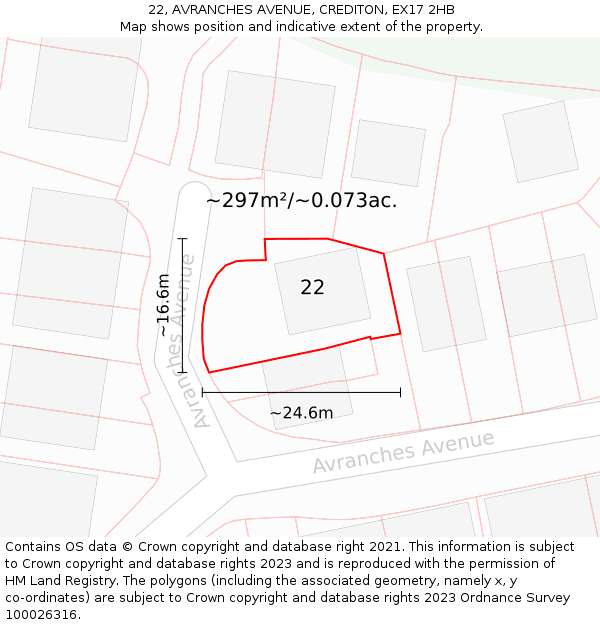 22, AVRANCHES AVENUE, CREDITON, EX17 2HB: Plot and title map