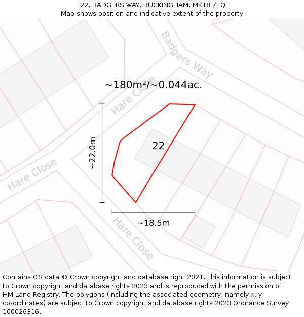 22, BADGERS WAY, BUCKINGHAM, MK18 7EQ: Plot and title map