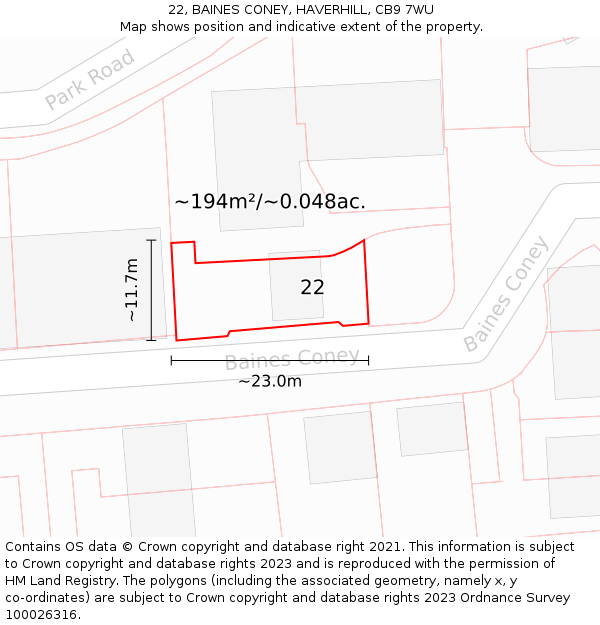 22, BAINES CONEY, HAVERHILL, CB9 7WU: Plot and title map