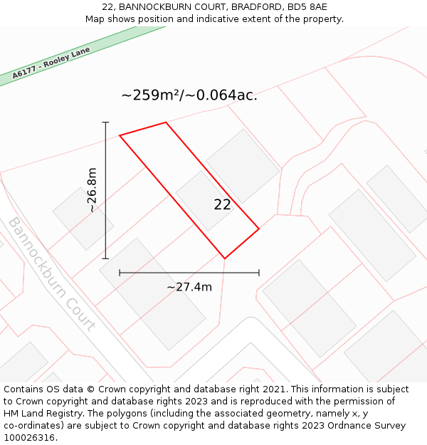 22, BANNOCKBURN COURT, BRADFORD, BD5 8AE: Plot and title map