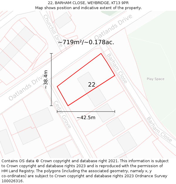 22, BARHAM CLOSE, WEYBRIDGE, KT13 9PR: Plot and title map