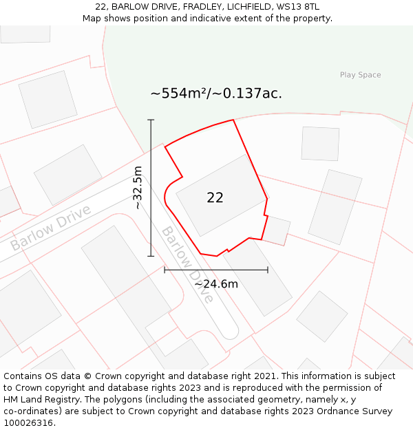 22, BARLOW DRIVE, FRADLEY, LICHFIELD, WS13 8TL: Plot and title map