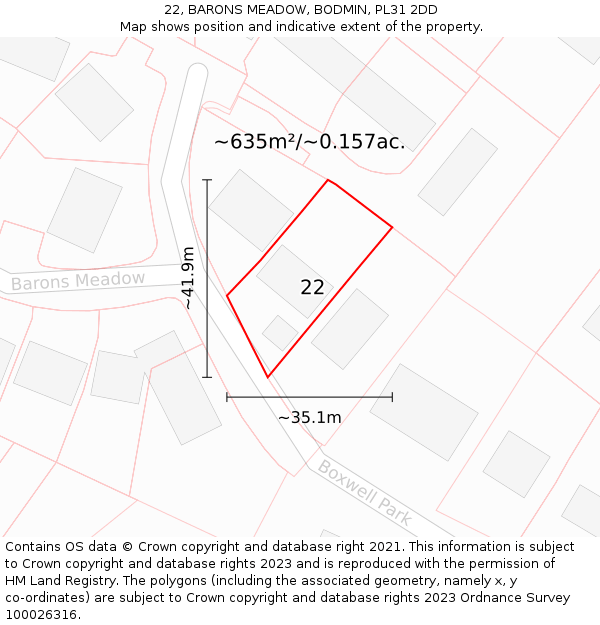 22, BARONS MEADOW, BODMIN, PL31 2DD: Plot and title map