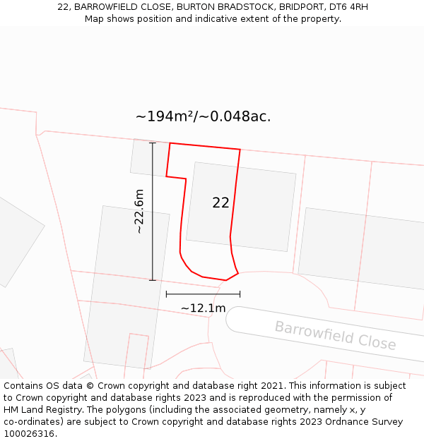 22, BARROWFIELD CLOSE, BURTON BRADSTOCK, BRIDPORT, DT6 4RH: Plot and title map