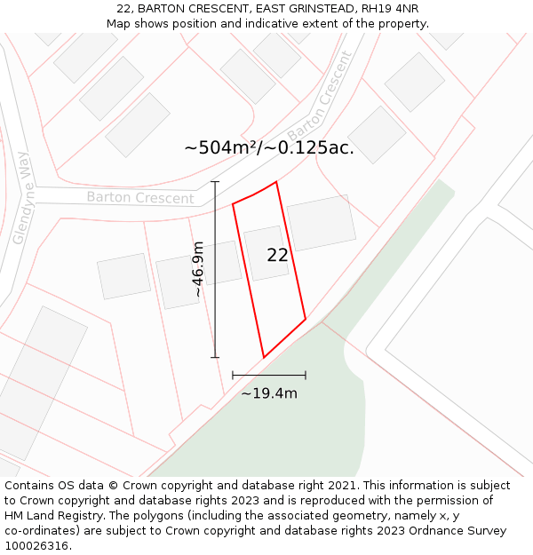 22, BARTON CRESCENT, EAST GRINSTEAD, RH19 4NR: Plot and title map