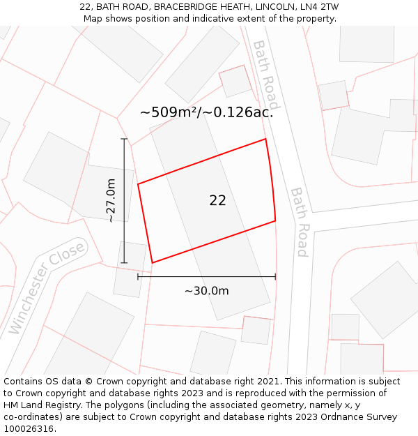 22, BATH ROAD, BRACEBRIDGE HEATH, LINCOLN, LN4 2TW: Plot and title map