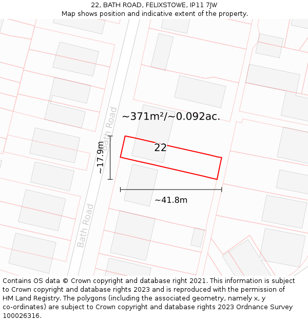 22, BATH ROAD, FELIXSTOWE, IP11 7JW: Plot and title map