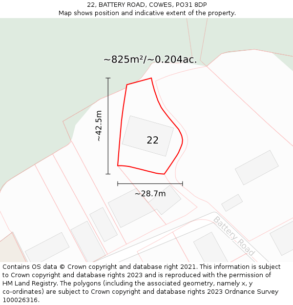 22, BATTERY ROAD, COWES, PO31 8DP: Plot and title map