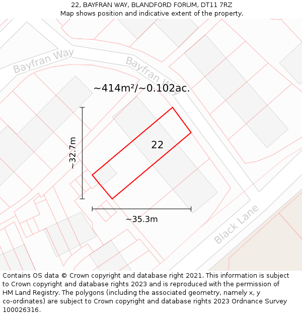 22, BAYFRAN WAY, BLANDFORD FORUM, DT11 7RZ: Plot and title map