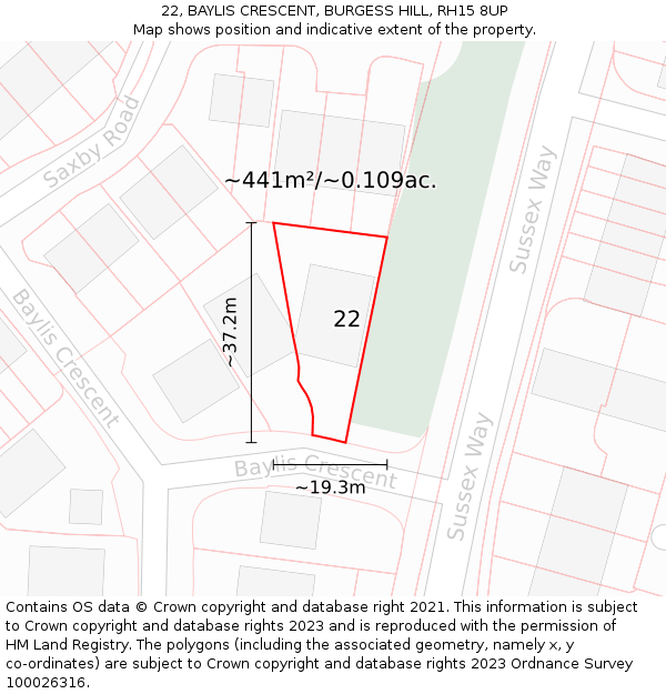 22, BAYLIS CRESCENT, BURGESS HILL, RH15 8UP: Plot and title map