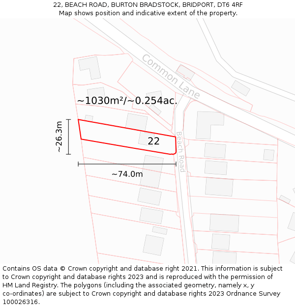 22, BEACH ROAD, BURTON BRADSTOCK, BRIDPORT, DT6 4RF: Plot and title map