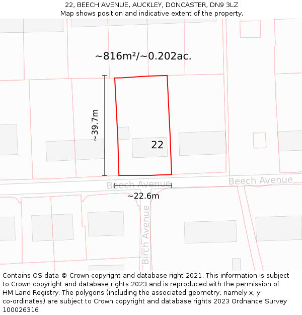 22, BEECH AVENUE, AUCKLEY, DONCASTER, DN9 3LZ: Plot and title map