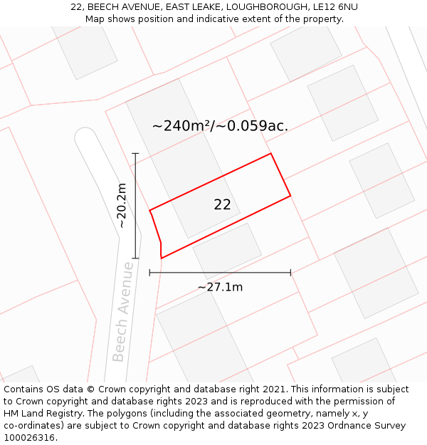 22, BEECH AVENUE, EAST LEAKE, LOUGHBOROUGH, LE12 6NU: Plot and title map