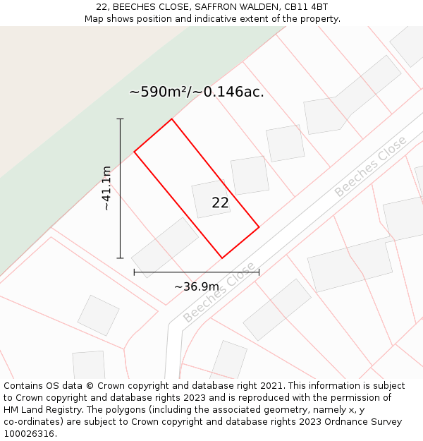 22, BEECHES CLOSE, SAFFRON WALDEN, CB11 4BT: Plot and title map