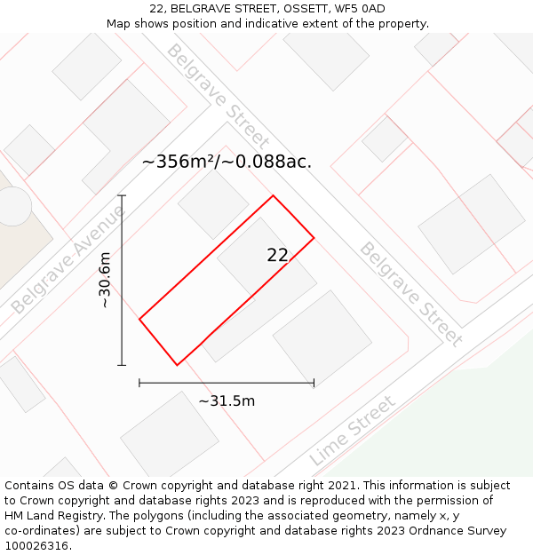 22, BELGRAVE STREET, OSSETT, WF5 0AD: Plot and title map