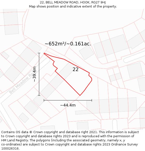 22, BELL MEADOW ROAD, HOOK, RG27 9HJ: Plot and title map