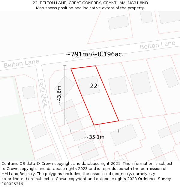 22, BELTON LANE, GREAT GONERBY, GRANTHAM, NG31 8NB: Plot and title map