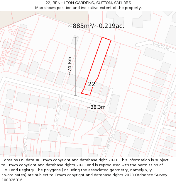 22, BENHILTON GARDENS, SUTTON, SM1 3BS: Plot and title map