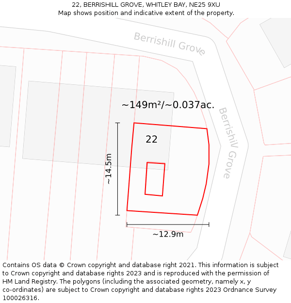 22, BERRISHILL GROVE, WHITLEY BAY, NE25 9XU: Plot and title map