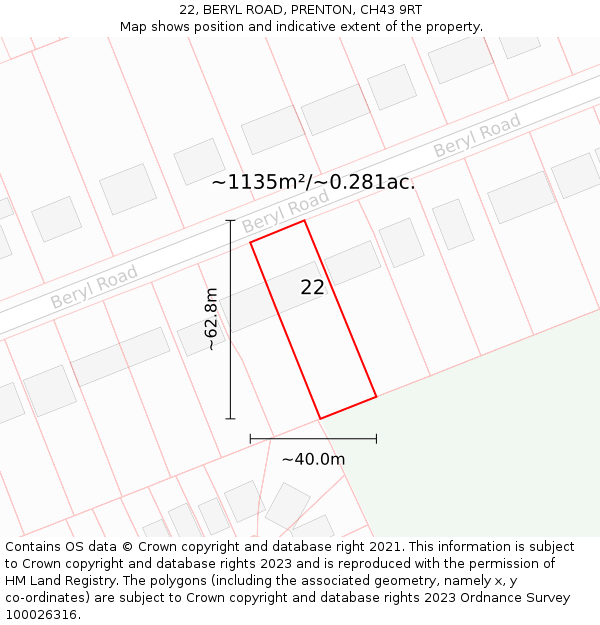 22, BERYL ROAD, PRENTON, CH43 9RT: Plot and title map