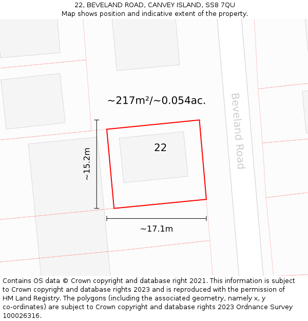 22, BEVELAND ROAD, CANVEY ISLAND, SS8 7QU: Plot and title map