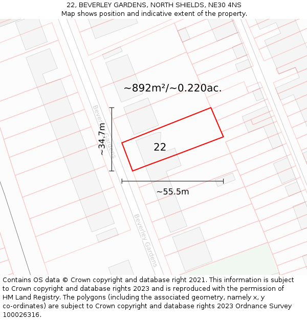 22, BEVERLEY GARDENS, NORTH SHIELDS, NE30 4NS: Plot and title map