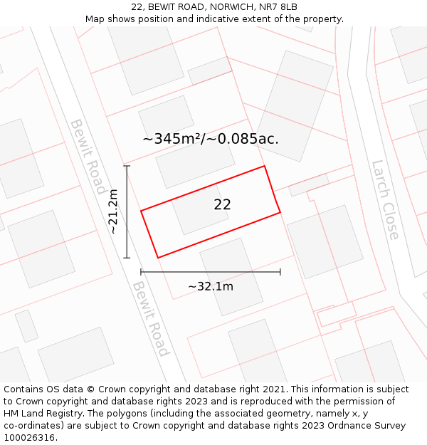 22, BEWIT ROAD, NORWICH, NR7 8LB: Plot and title map